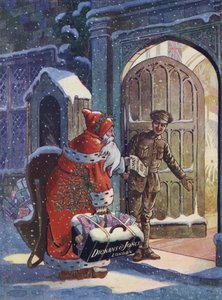 Vánoční reklama zobrazující Santa Clause přinášejícího dárky pro vojáky z 1. světové války z obchodního domu Dickins and Jones (barevné lito) od English School