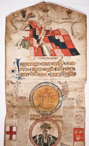 Kronika dějin světa od stvoření po Woden, s genealogií Edwarda IV (Edward IV Roll), úvodní část s portrétem Edwarda IV na koni, rondel s Bohem a další od English School