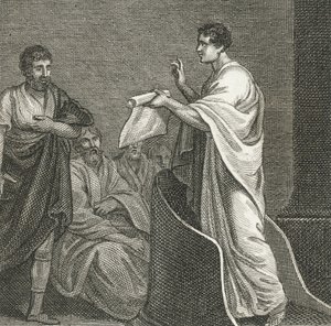 Cicero obviňuje Catilina v senátě (rytina) od English School