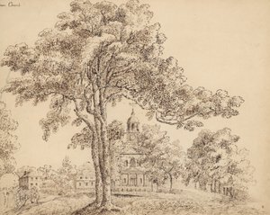 Clapham Church, Surrey (inkoust na papíře) od English School