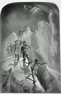 Lezení v noci, z deseti scén v posledním výstupu na Mont Blanc včetně pěti pohledů z vrcholku, J.D.H. Browne, publikoval 1853 od English School