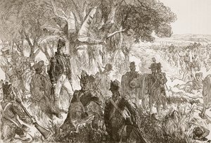 Clive at Plassey, ilustrace z Cassells Illustrated History of India od Jamese Granta, hospoda. 1879 od English School
