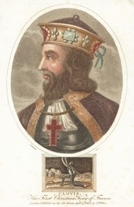 Clovis I, první křesťanský král Franků (barevná rytina) od English School