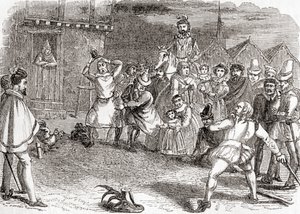 Házení kohoutem, neboli cock-shying nebo házení na kohouty, ze staré Anglie: , pub. 1847 od English School