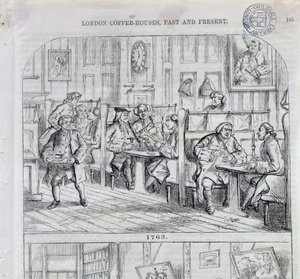 Coffee Room v roce 1763, z londýnských kaváren v minulosti a současnosti (barevná rytina) od English School