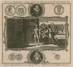 Mince ve vládě krále Jakuba I. s objevem Gunpowder Plot od English School