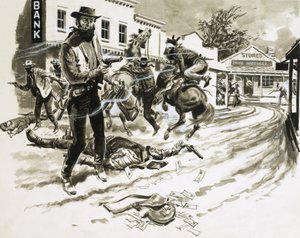 Cole Younger, člen Jesse James Gang, v přestřelce od English School