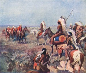 Plukovník Macleod z Královské severozápadní jízdní policie při jednání s indiány ve Fort Macleod (barevná litografie) od English School