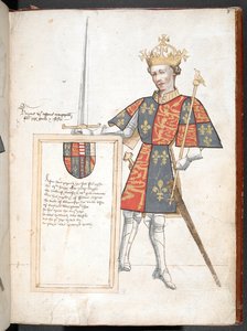 Kolorovaná kresba anglického krále v brnění a tabardu (Jindřich VI.), představující plaketu s verši, ilustrace z „Knihy zbraní sira Thomase Holma: anonymní verše o králích Anglie...“, kolem 1445-50 (inkoust & barva na pergamenu) od English School