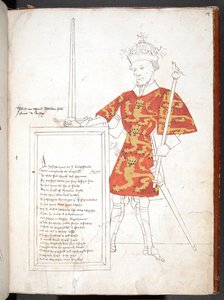 Barevná kresba anglického krále v brnění a tabardu (král Jan), který předává desku s verši. Nedokončeno. od English School