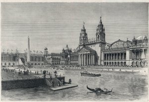 Kolumbijská světová výstava nebo světová kolumbijská výstava, výstava v Chicagu 1893: strojní hala - rytina 1893 z „“The graphic““ - světová výstava 1893 od English School
