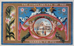 "Sesongin kohteliaisuudet", viktoriaaninen kortti (chromolitho) od English School