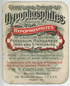 Štítek Compound Sirup of Hypophosphites, počátek 20. století (barevné lito) od English School