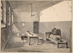 Odsouzená cela, Newgate, ilustrace z knihy The Criminal Prisons of London and Scenes from Prison Life od Henryho Mayhewa a Johna Binnyho, vyd. 1862 od English School