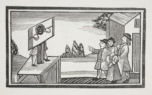Odsouzen stát jednu hodinu nebo déle na pranýři, ilustrace z Chap-books of the Eighteenth Century od Johna Ashtona, hospoda. 1882 od English School