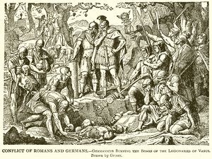 Konflikt Římanů a Germánů.- Germanicus pohřbívání kostí legionářů z Vara od English School