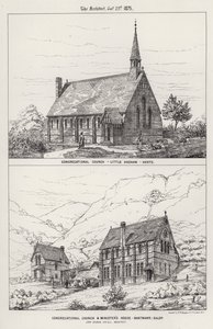 sborová církev, Little Hadham, Herts; Kongregační kostel a dům ministra, Nantmawr, Salop (rytina) od English School