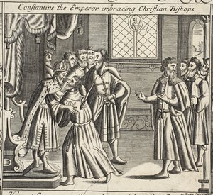 Constantin the Emperor objímající křesťanské biskupy, ilustrace z Acts and Monuments od Johna Foxe, deváté vydání, pub. 1684 od English School