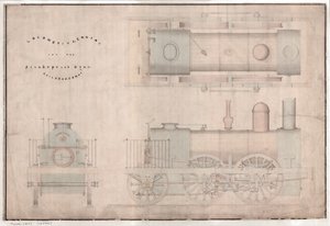 Konstrukční výkres, lokomotiva 0-4-2 a tendr od R. a W. Hawthornových a spol. pro Stanhope and Tyne Railway Co. od English School