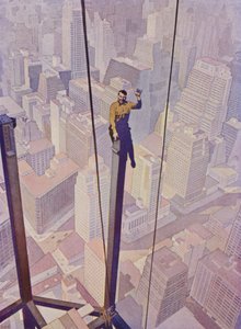 Stavební dělník na ocelovém rámu mrakodrapu vysoko nad ulicemi New York City, New York, USA (barva litho) od English School