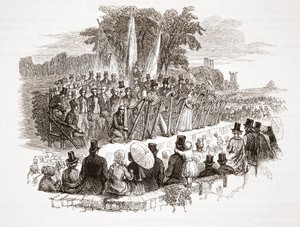 Soutěž o zlatou harfu v Royal Denbigh Eisteddfod před H.R.H. vévoda ze Susses v roce 1828 (ocelová rytina) od English School