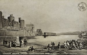 Conway Bridge ve výstavbě, 1848 od English School