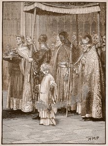 Richardova korunovace ve Westminsterském opatství: průvod podél oltáře, ilustrace z Cassells Illustrated History of England (sépiová fotografie) od English School