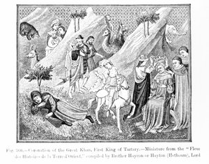 Korunovace velkého chána (Kublai Khan) (1214-94) První král Tartarie, z Fleur des Histoires de la Terre dOrient, sestavil Hayton († 1271), ilustrace z Science and Literatur in t od English School