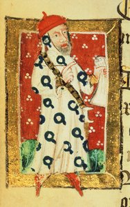 Cott Nero D VII f.105v Nigel Lorning, rytíř podvazku, z knihy Benefactors Book of St. Alban