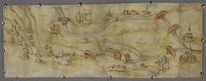 Cotton MS Augustus I i 65 Mapa řeky Trent a jejích přítoků mezi Nottinghamem a Newarkem, kolem 1540 (pero a inkoust s akvarelem na papíře) od English School