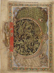 Bavlna Nero C IV f.39 Pekelné čelisti sevřené andělem, z žaltáře Jindřicha z Blois, kolem 1121-61 (vellum) od English School
