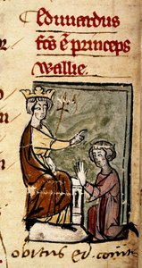 Cotton Nero D. II, f.191v Edward z Caernarvonu (Edward II) vytvořil prince z Walesu a hraběte z Chesteru svým otcem, králem Edwardem I., v parlamentu v Lincolnu, 7. února 1301, z „Chronica Roffense“ od Matthewa. Paříž (vellum) od English School