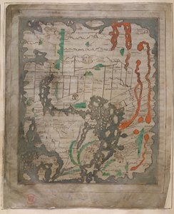 Cotton Tiberius B.V, část 1, f.56v Mapa Tiberia, Mappa Mundi (vellum) od English School