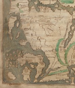 Cotton Tiberius B.V, část 1, f.56v Mapa Tiberia, Mappa Mundi, detail západní Evropy a Britských ostrovů (vellum) od English School