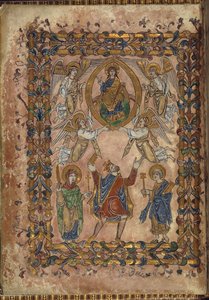 Cotton Vespasian A. VIII, f.2v Edgar nabízí chartu Kristu, ilustrace z 