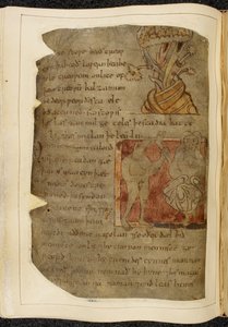 Bavlník Vitellius A. XV f.103v, Strom, ze kterého roste balzám; donestre, muž se zvířecí hlavou, vlevo držící lidskou nohu a chodidlo, a osoba vpravo, ilustrace od Beowulfa, z „Nowellova kodexu“ (inkoust na pergamenu) od English School