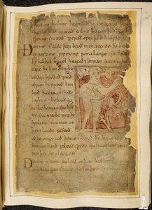 Bavlna Vitellius A. XV f.104r, A panotii, tj. muž s ušima vyčnívajícími na stopkách, držící předmět, který vypadá jako luk, ilustrace od Beowulfa, z 