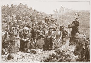 Uctívání Covenanters u břehů Whitadderu, ilustrace z Historie protestantismu od Jamese Aitkena Wylie (1808-1890), hospoda. 1878 od English School