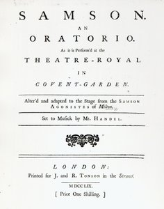 Obálka notového záznamu pro Samsona, Händelovo oratorium, vydané v roce 1759 od English School