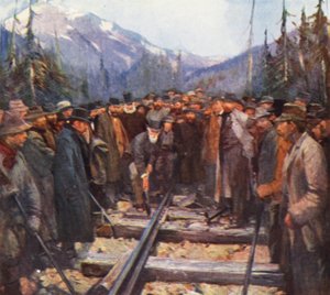 Craigellachie, který vrazil poslední hřeb kanadské pacifické železnice (barevná litografie) od English School