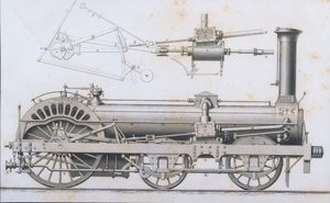 Parní stroj Cramptons Railway Locomotive od Cyclopaedia of Useful Arts & Manufactures, editoval Charles Tomlinson, kolem 80. let 19. století od English School