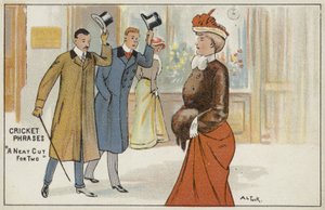 Kriketové fráze: „úhledný střih pro dva“ (chromolitho) od English School