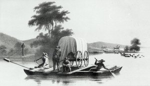 Crossing of Platte Mouth of Deer Creek, z průzkumu a průzkumu údolí Velkého solného jezera v Utahu od Howarda Stansburyho, publikoval 1852 od English School