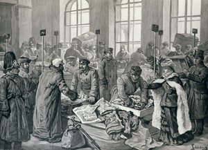 Celní úředníci zkoumající zavazadla cestujících z Německa ve Wirballenu na ruské hranici z „The Illustrated London News“, 29. ledna 1887 od English School