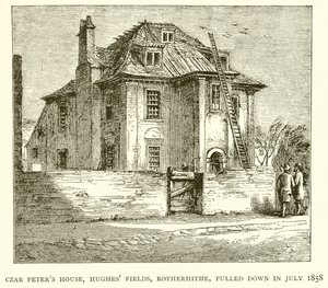 Dům cara Peterse, Hughes Fields, Rotherhithe, zbořen v červenci 1858 od English School