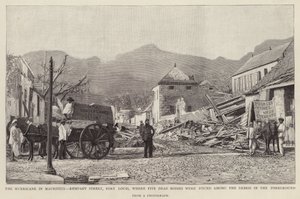 Škody na Rempart Street, Port Louis, způsobené cyklónem Mauricius (litho) z roku 1892 od English School