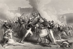 Smrt brigádního generála Adriana Hopea při útoku na Fort of Roodmow, 15. dubna 1858, z „Historie indické vzpoury“ vydané v roce 1858 od English School