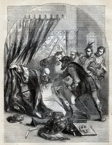 Smrt kardinála Beatona, 29. května 1546 – Kardinál David Beaton (c1494-1546), arcibiskup ze St. Andrews, zavražděn během skotské reformace – rytina z „“Historie Anglie”” od Cassella Pettera & Galpina, Londýn (1890) od English School