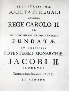 Věnování Královské společnosti prvního vydání Newtons Philosophiae Naturalis Principia Mathematica, 1687 od English School