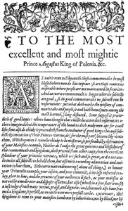 Věnování polskému králi Zikmundovi II. Augustovi I. v The Counsellor, prvním anglickém překladu Wawrzyniec Grzyma?a Go?lickis De optimo senátore, 1598 (tisk) od English School